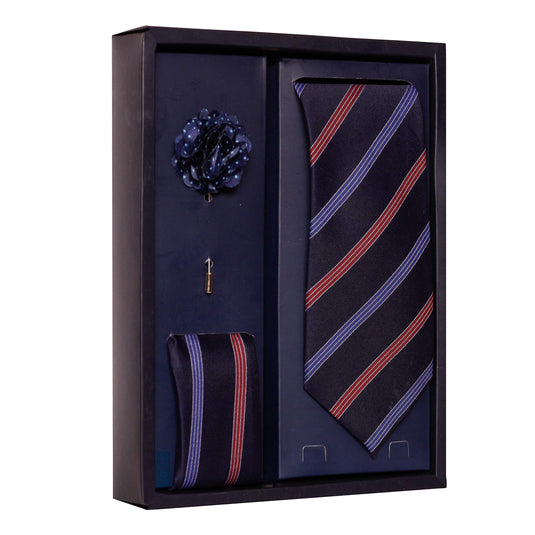 Axlon Men's Polyester Necktie Set with Pocket Square, Brooch Pin and Cufflinks (Free Size, Dark Blue)