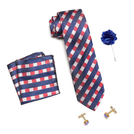 Axlon Men's Micro Polyester Stripped Necktie Set with Pocket Square, Brooch Pin and Cufflinks (Blue, Free Size)