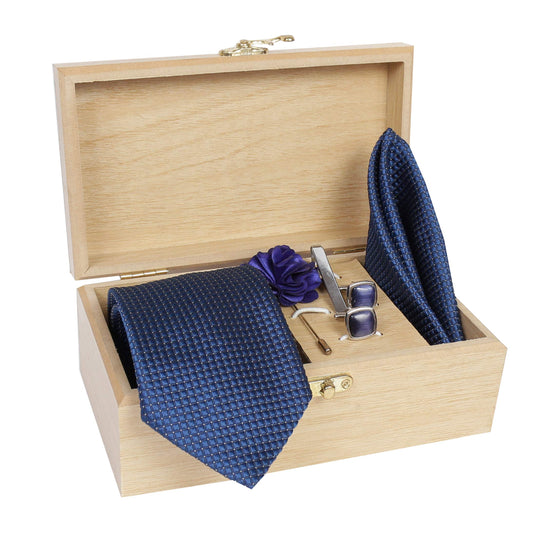 AXLON Men's Micro Polyester Casual Formal Dotted Necktie Set with Pocket Square, Brooch Pin and Cufflinks in Wooden Box (Free Size)