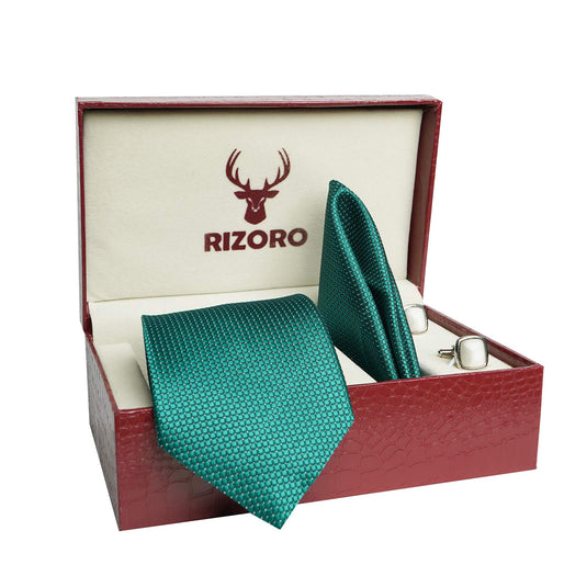 RIZORO Mens Plaid Dotted Silk Necktie Tie Gift Set With Pocket Square, Cufflinks & Brooch Pin Formal Tie With Leatherite Box (A10RB, Free Size)