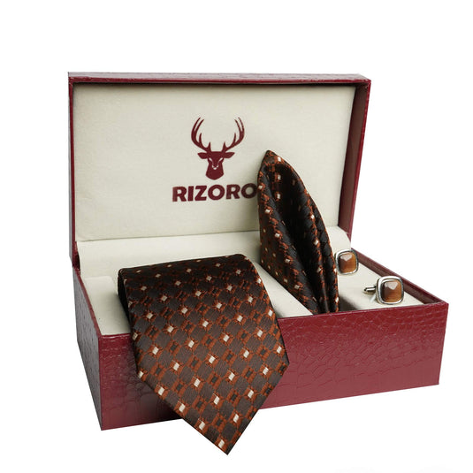 RIZORO Mens Plaid Dotted Silk Necktie Tie Gift Set With Pocket Square, Cufflinks & Brooch Pin Formal Tie With Leatherite Box (M2BGRB, Free Size)