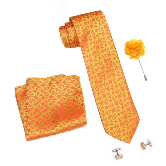 AXLON Formal/Casual Printed Polyester Necktie Set with Pocket Square, Brooch Pin and Cufflinks for Men (Free Size, Yellow )