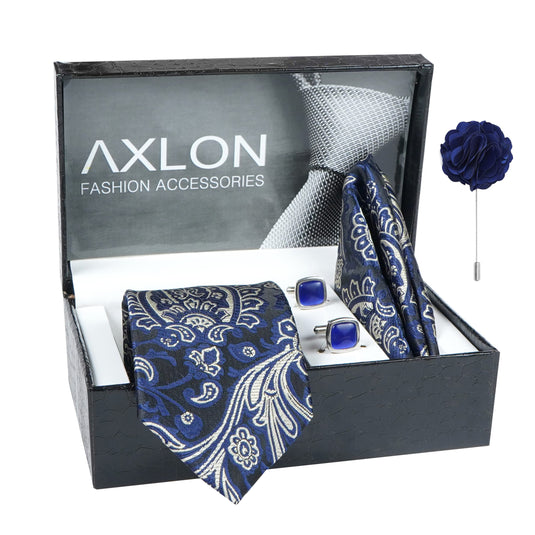 Axlon Men's Paisley Micro Wooven Silk Necktie Gift Set With Pocket Square Cufflinks & Brooch Pin Tie for Men Formal Tie Set with Box (Pack of 4) (AX11_11, Navy Blue)