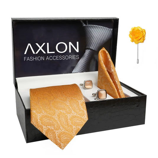 AXLON Mens Plaid Pasiley Silk Necktie Gift Set With Pocket Square Cufflinks & Brooch Pin Tie For Men Formal With Leatherite Box (AMBM1RX Free Size) | (Leather Gift Box) (Pack of 4)