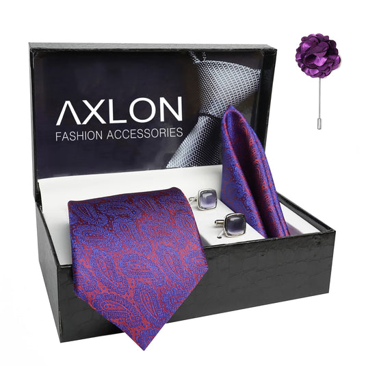 AXLON Mens Plaid Pasiley Silk Necktie Gift Set With Pocket Square Cufflinks & Brooch Pin Tie For Men Formal With Leatherite Box (AMBM1RX Free Size) | (Leather Gift Box) (Pack of 4)