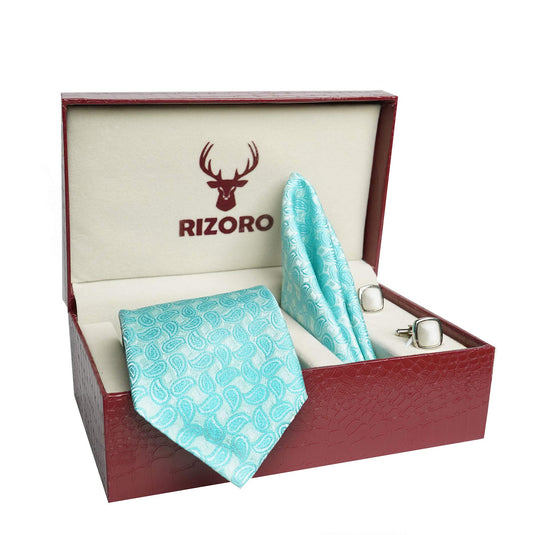 RIZORO Mens Plaid Pasiley Silk Necktie Tie Gift Set With Pocket Square, Cufflinks & Brooch Pin Formal Tie With Leatherite Box (AMBICRB, Free Size)