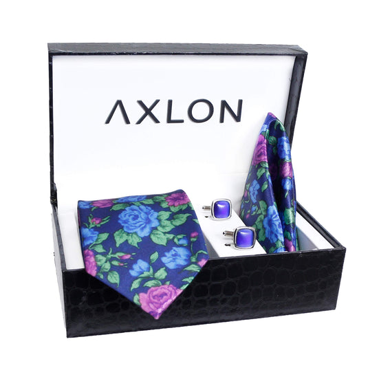 Axlon Men Formal/Casual Printed Satin Neck Tie Pocket Square Accessory Gift Set with Cufflinks and Brooch Pin - Blue (Free Size, ltr_818)