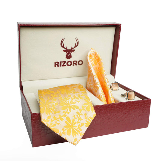 RIZORO Mens Plaid Pasiley Silk Necktie Tie Gift Set With Pocket Square, Cufflinks & Brooch Pin Formal Tie With Leatherite Box (PUNRB, Free Size)