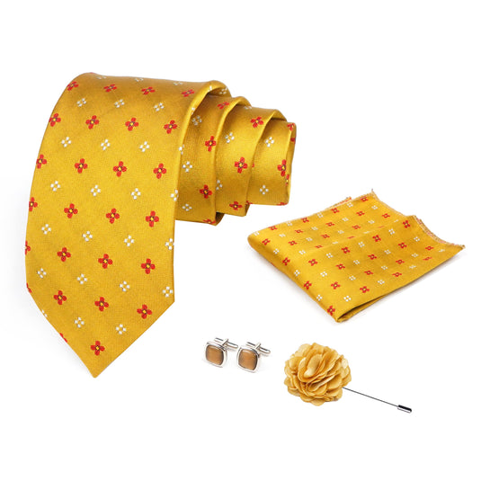 AXLON Mens Plaid Micro Self Silk Necktie Gift Set With Pocket Square Cufflinks & Brooch Pin Formal Tie With Box (SLKP_21, Yellow)