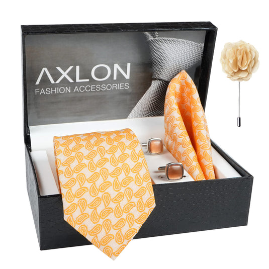 Axlon Mens Plaid Micro Self Silk Necktie Gift Set With Pocket Square Cufflinks & Brooch Pin Tie for Men Formal Tie Set with Box (Pack of 4) (Yellow, 2022AX_13)