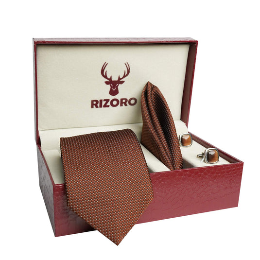 RIZORO Mens Plaid Dotted Silk Necktie Tie Gift Set With Pocket Square, Cufflinks & Brooch Pin Formal Tie With Leatherite Box (A10RB, Free Size)