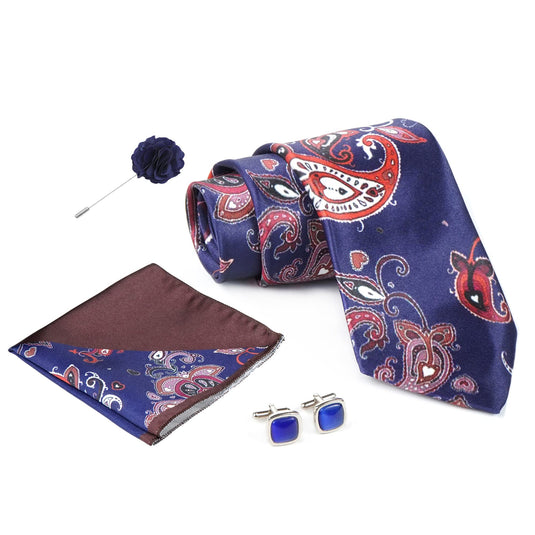 RIZORO Navy Red Mens Paisley Micro Print Silk Necktie Gift Set With Pocket Square Cufflinks & Brooch Pin Formal Tie With Wooden Box Free Size | (Wooden Gift Box ) (Pack of 4) (RPL_32)