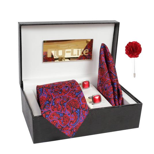 nu-Lite Men's Micro Polyester Casual Formal Printed Necktie Set with Pocket Square, Brooch Pin and Cufflinks (Red-Blue, Free Size)
