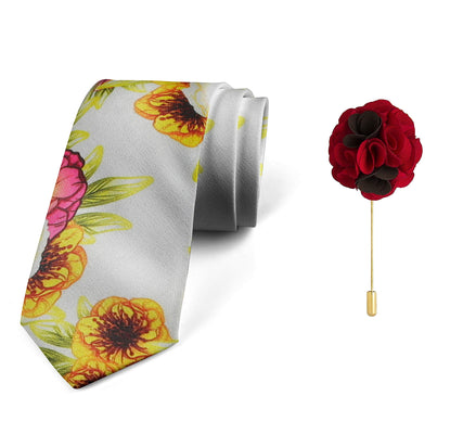 AXLONMen's Micro Polyester Floral Necktie Set with Pocket Square and Brooch Pin (Yellow ,Free Size)