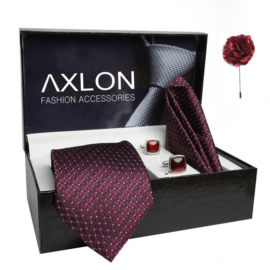 AXLON Mens Plaid Dotted Silk Necktie Gift Set With Pocket Square Cufflinks & Brooch Pin Tie For Men Formal With Leatherite Box (A12RX Free Size) | (Leather Gift Box) (Pack of 4)