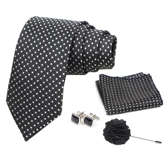 AXLON Mens Plaid Micro Self Silk Necktie Gift Set With Pocket Square Cufflinks & Brooch Pin Formal Tie With Box (SLKP_2, Black)