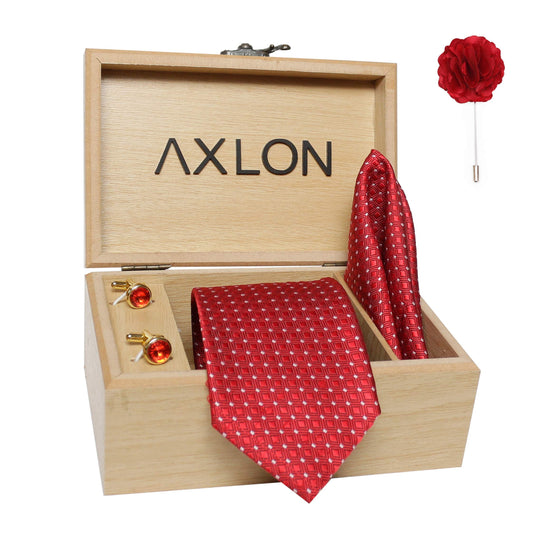 Axlon Men's Micro Polyester Dotted Necktie Set with Pocket Square, Brooch Pin and Cufflinks (Red, Free Size)