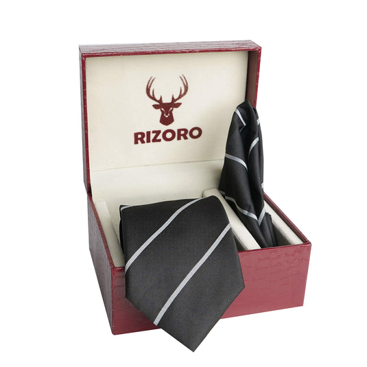 RIZORO Mens Plaid Stripped Silk Necktie Tie Gift Set With Pocket Square & Brooch Pin Formal Tie Set (S2RS, Free Size)