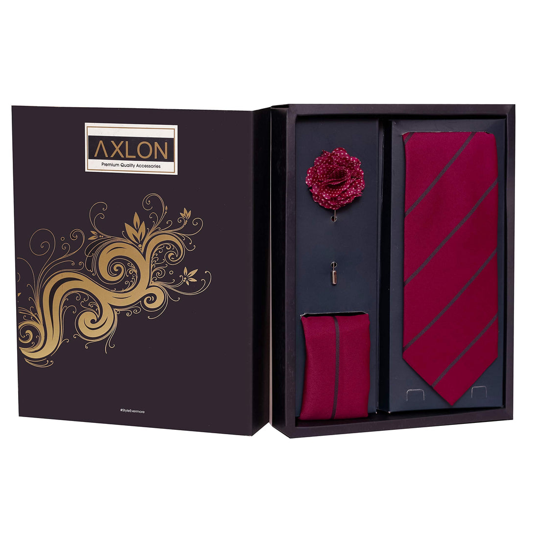 Axlon Men's Polyester Necktie Set with Pocket Square, Brooch Pin and Cufflinks (Free Size, Purple)