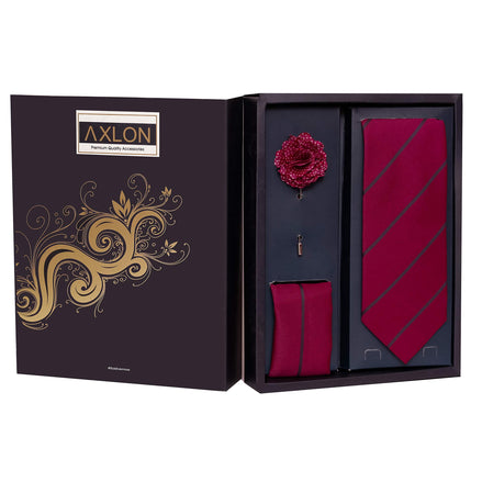 Axlon Men's Polyester Necktie Set with Pocket Square, Brooch Pin and Cufflinks (Free Size, Purple)