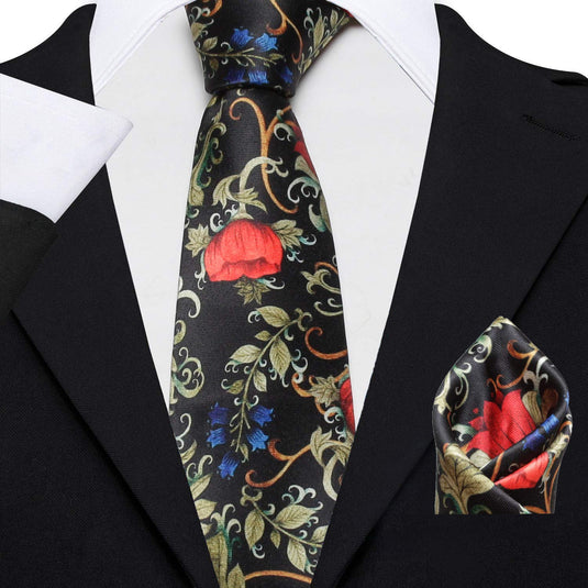 AXLON Men's Micro Polyester Floral Necktie Set with Pocket Square and Brooch Pin (Black ,Free Size)