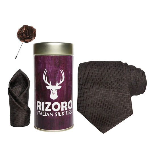 RIZORO Mens Plaid Micro Self Silk Necktie Gift Set With Pocket Square & Brooch Pin Formal Tie Combo (SIDIRT, Free Size)