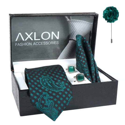 Axlon Men's Paisley Micro Wooven Silk Necktie Gift Set With Pocket Square Cufflinks & Brooch Pin Tie for Men Formal Tie Set with Gifting Box (Pack of 4) (AX11_5, Bottle Green)