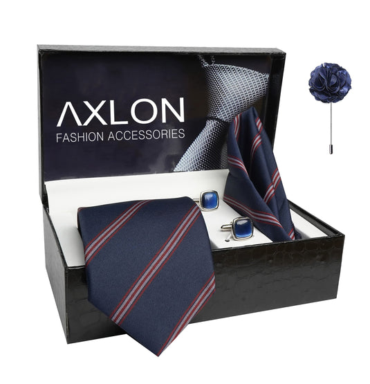 AXLON Mens Plaid Stripped Silk Necktie Gift Set With Pocket Square Cufflinks & Brooch Pin Tie For Men Formal With Leatherite Box (S6RX Free Size) | (Leather Gift Box) (Pack of 4)