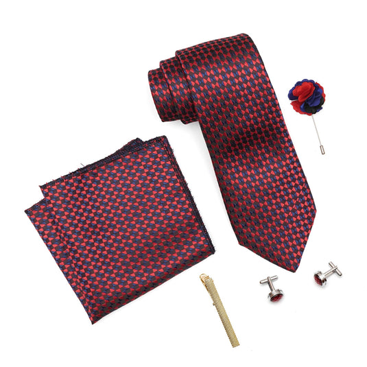 RIZORO Mens Plaid Micro Self Silk Red Necktie Gift Set With Pocket Square Cufflinks Brooch Pin Men Tie Clip Formal Tie With Wooden Box For Gifting (RW_41, Free Size)