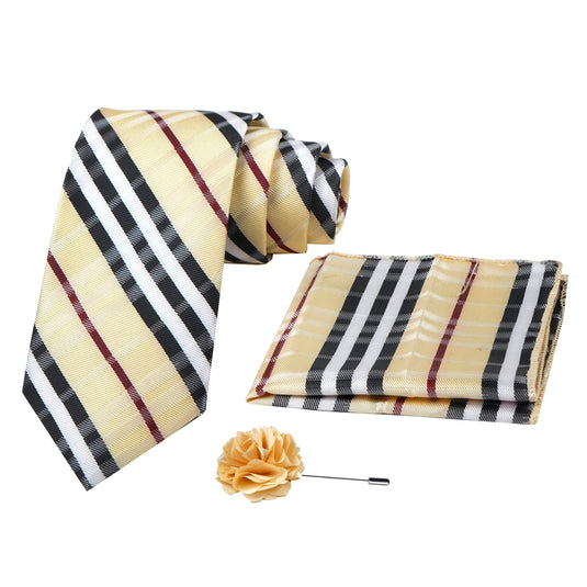 Axlon Mens Plaid Micro Self Silk Necktie Gift Set With Pocket Square & Brooch Pin Tie for Men Formal Tie Set with Box (Pack of 3) (Beige, 2022AX_23)