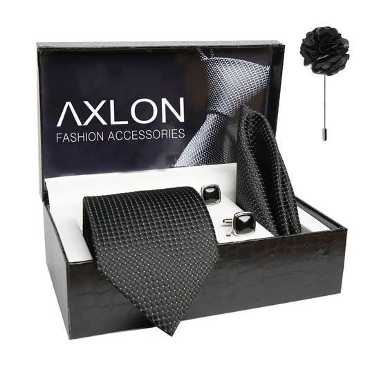 AXLON Mens Plaid Dotted Silk Necktie Gift Set With Pocket Square Cufflinks & Brooch Pin Tie For Men Formal With Leatherite Box (A9RX Free Size) | (Leather Gift Box) (Pack of 4)