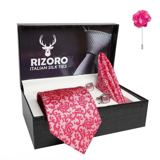 RIZORO Mens Plaid Pasiley Silk Necktie Gift Set With Pocket Square Cufflinks & Brooch Pin Formal Tie With Leatherite Box (AMBI6RX Free Size) | (Leather Gift Box) (Pack of 4)