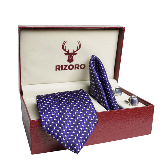 RIZORO Mens Plaid Dotted Silk Necktie Tie Gift Set With Pocket Square, Cufflinks & Brooch Pin Formal Tie With Leatherite Box (A11RB, Free Size)