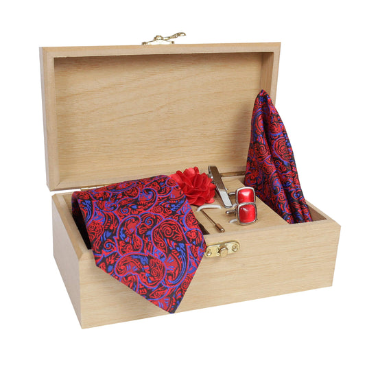 AXLON Men's Micro Polyester Casual Formal Printed Necktie Set with Pocket Square, Brooch Pin and Cufflinks in Wooden Box (Red & Blue, Free Size)