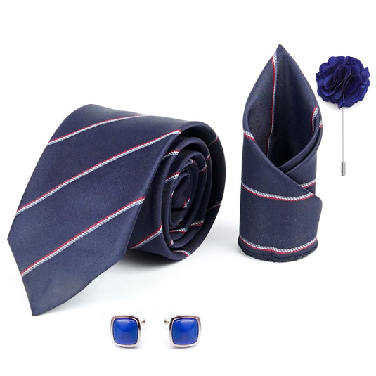 RIZORO Mens Plaid Stripped Silk Necktie Gift Set With Pocket Square Cufflinks & Brooch Pin Formal Tie With Leatherite Box (S4RX Free Size) | (Leather Gift Box) (Pack of 4)