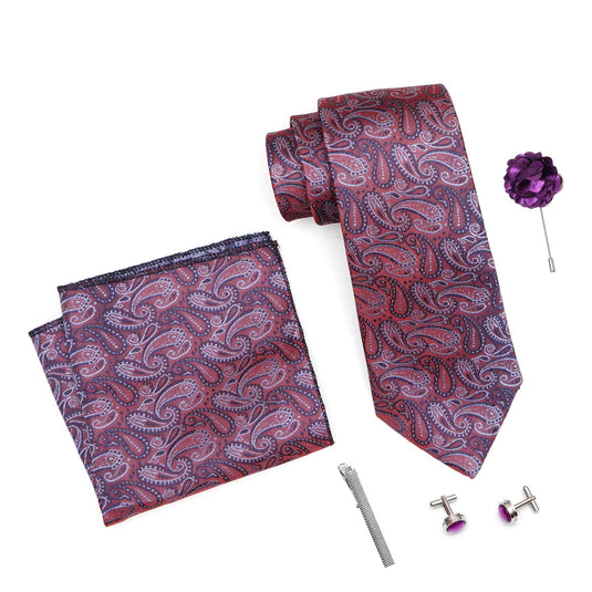 RIZORO Mens Plaid Micro Self Silk Paisley Purple Necktie Gift Set With Pocket Square Cufflinks Brooch Pin Men Tie Clip Formal Tie With Wooden Box For Gifting (RW_36, Free Size)