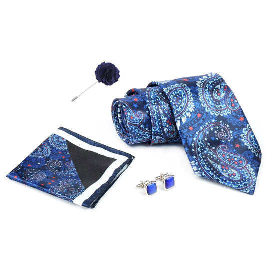 RIZORO Navy Blue Mens Paisley Micro Print Silk Necktie Gift Set With Pocket Square Cufflinks & Brooch Pin Formal Tie With Wooden Box Free Size | (Wooden Gift Box ) (Pack of 4) (RPL_35)