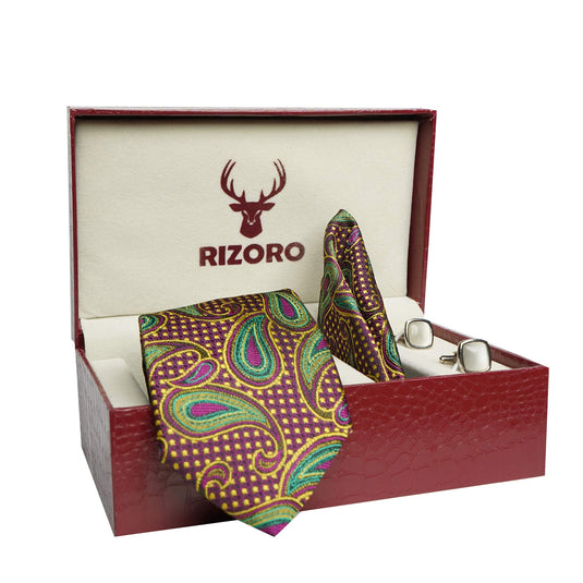 RIZORO Mens Plaid Pasiley Silk Necktie Tie Gift Set With Pocket Square, Cufflinks & Brooch Pin Formal Tie With Leatherite Box (AMBI3RB, Free Size)