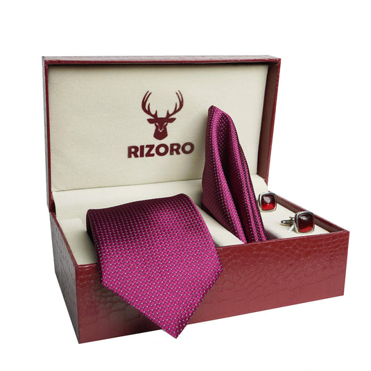 RIZORO Mens Plaid Dotted Silk Necktie Tie Gift Set With Pocket Square, Cufflinks & Brooch Pin Formal Tie With Leatherite Box (A10RB, Free Size)