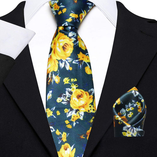 Axlon Men's Micro Polyester Floral Necktie Set with Pocket Square and Brooch Pin (Blue ,Free Size)