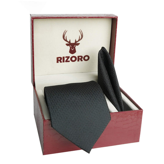 RIZORO Mens Plaid Micro Self Silk Necktie Gift Set With Pocket Square & Brooch Pin Formal Tie (SIDIRS Free Size)