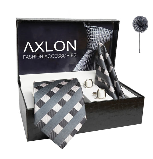 AXLON Mens Plaid Stripped Silk Necktie Gift Set With Pocket Square Cufflinks & Brooch Pin Tie For Men Formal With Leatherite Box (STRIPM1RX Free Size) | (Leather Gift Box) (Pack of 4)