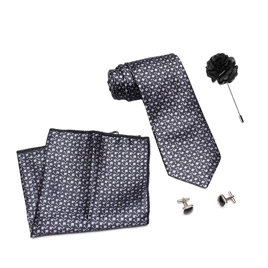 AXLON Formal/Casual Printed Satin Necktie Set with Pocket Square, Brooch Pin and Cufflinks for Men (Free Size, Black)