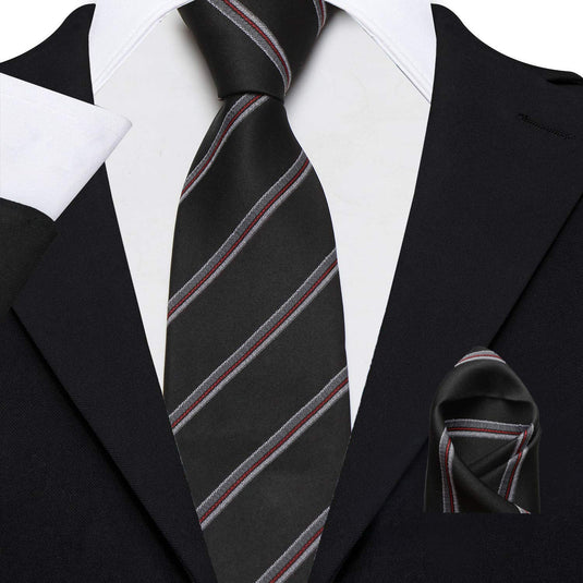 AXLONMen's Micro Polyester Striped Necktie Set with Pocket Square and Brooch Pin (Black , Free Size)