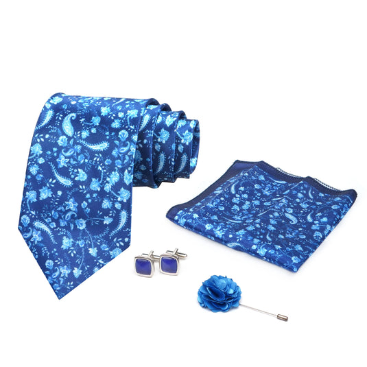 Axlon Mens Plaid Micro Self Silk Necktie Gift Set With Pocket Square Cufflinks & Brooch Pin Tie for Men Formal Tie Set with Box (Pack of 4) (Blue, 2022AX_18)