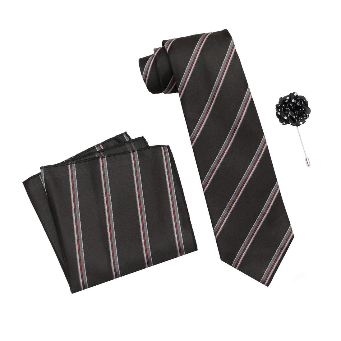 AXLONMen's Micro Polyester Striped Necktie Set with Pocket Square and Brooch Pin (Black , Free Size)