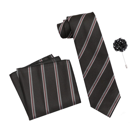 AXLONMen's Micro Polyester Striped Necktie Set with Pocket Square and Brooch Pin (Black , Free Size)