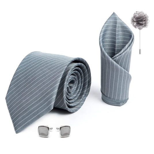 RIZORO Mens Plaid Stripped Silk Necktie Gift Set With Pocket Square Cufflinks & Brooch Pin Formal Tie With Leatherite Box (S1RX Free Size) | (Leather Gift Box) (Pack of 4)