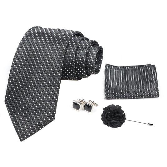 AXLON Mens Plaid Micro Self Silk Necktie Gift Set With Pocket Square Cufflinks & Brooch Pin Formal Tie With Box (SLKP_1, Black)