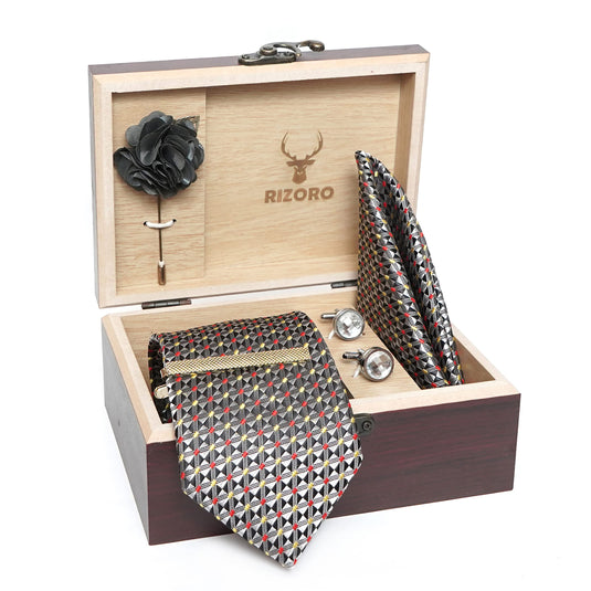 RIZORO Mens Plaid Micro Self Silk Black Red Necktie Gift Set With Pocket Square Cufflinks Brooch Pin Men Tie Clip Formal Tie With Wooden Box For Gifting (RW_25, Free Size)